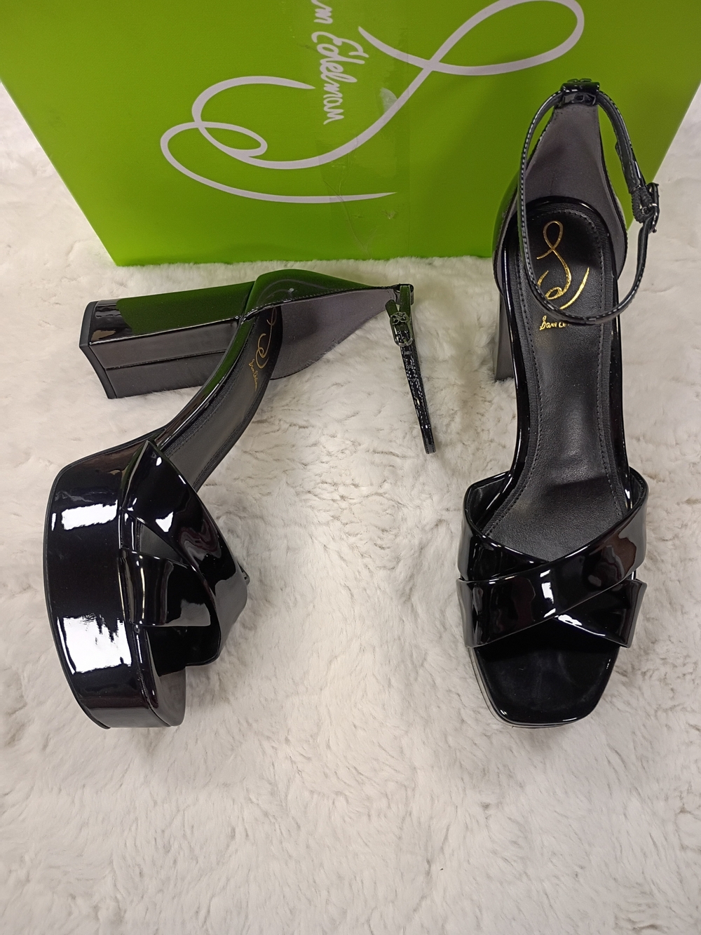 Sam Edelman Black Patent Platform Sandals with Ankle Strap Size 9.5
